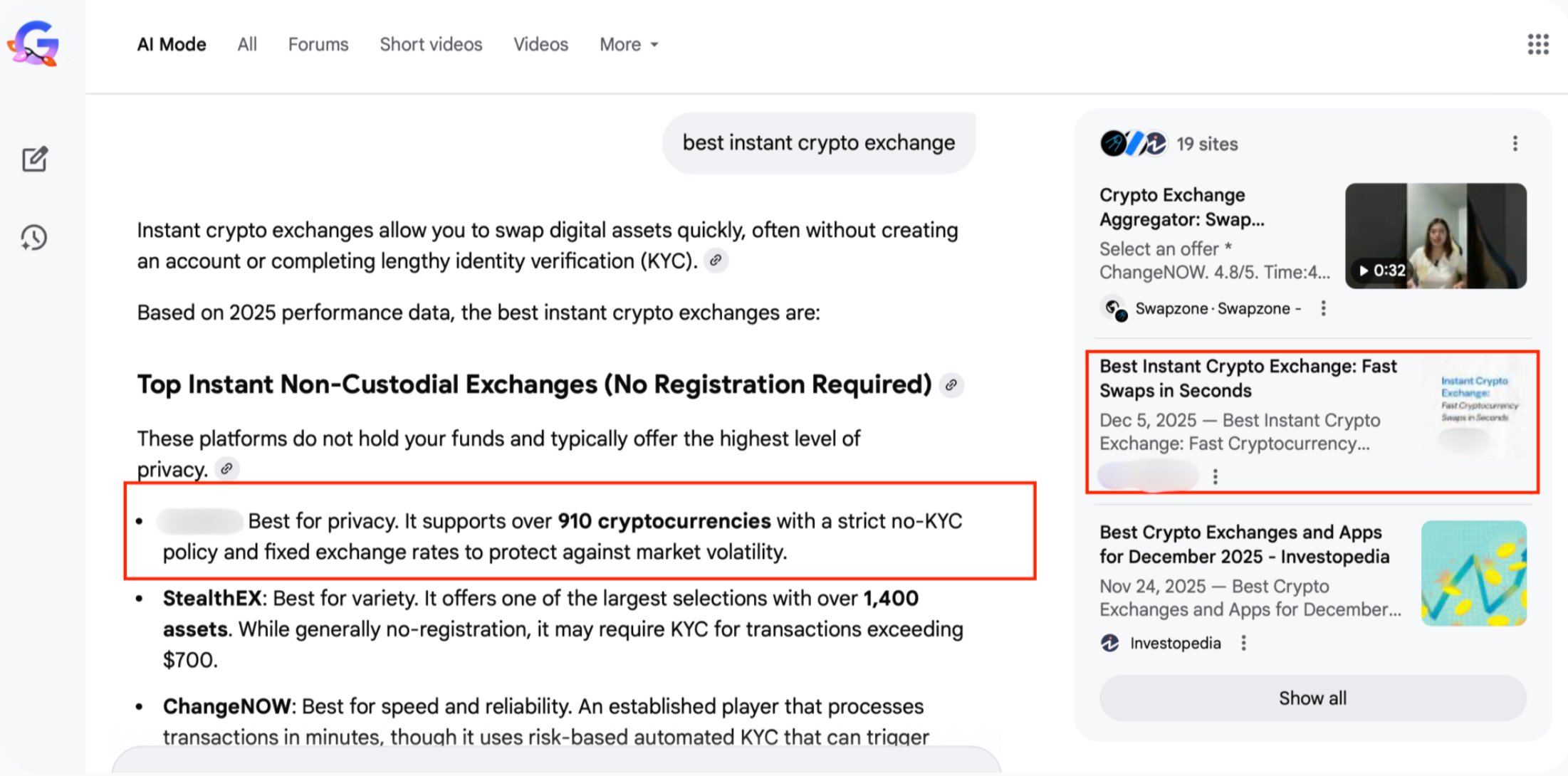 Google AI Mode result citing the client's brand