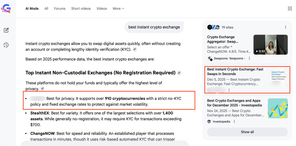 Google AI Overview highlighting the client as a top non-custodial no-KYC exchange