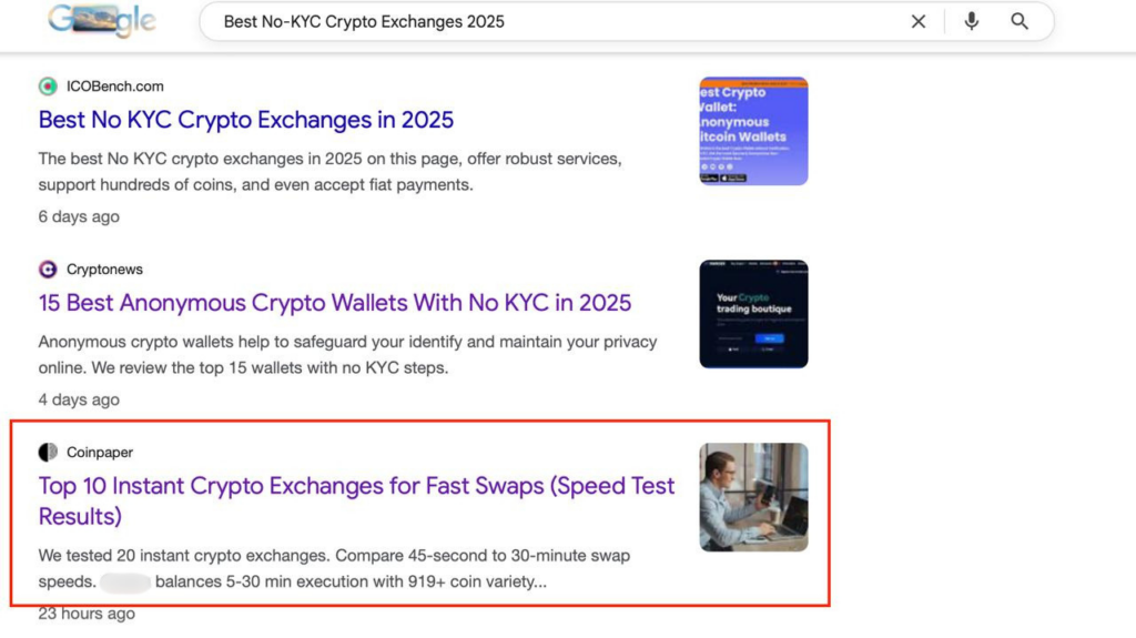 "best no-KYC crypto exchanges 2025" — Google top results