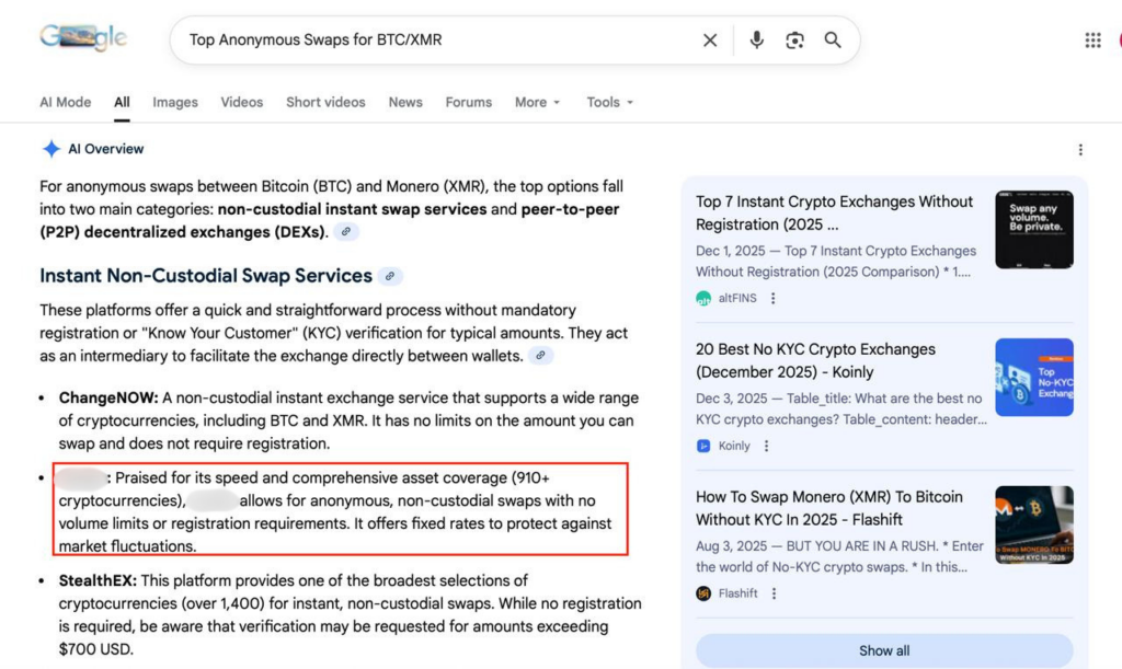 "top anonymous swaps" — Google AI Overviews