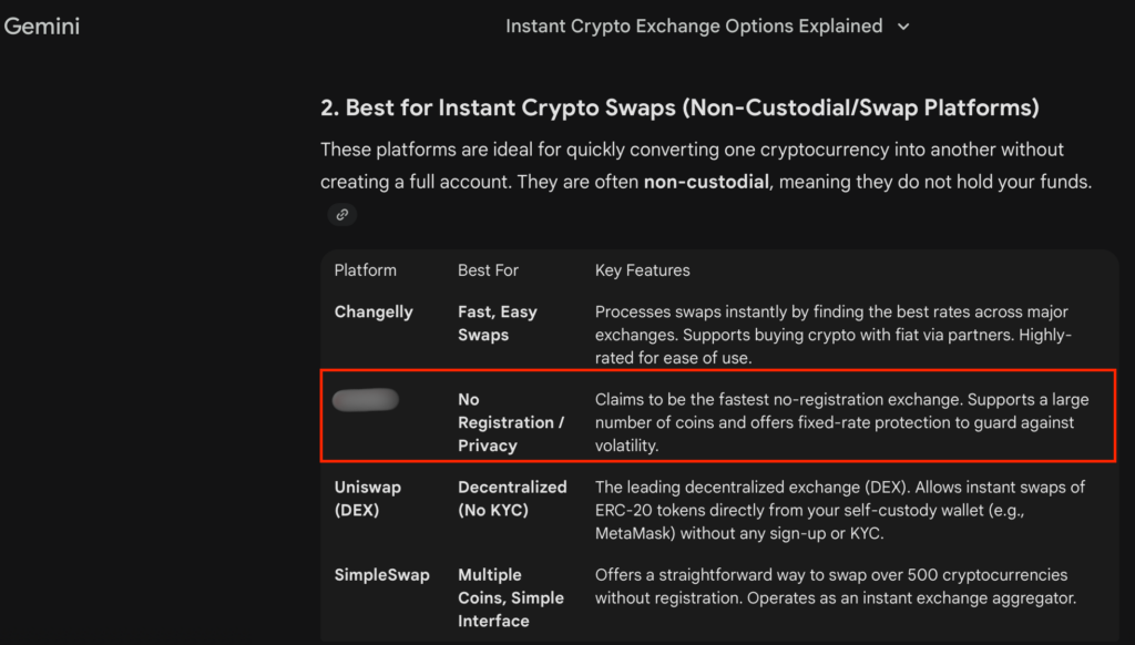 Gemini comparison table of instant crypto swap platforms