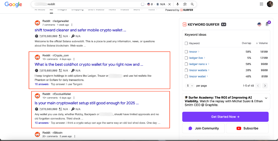 Google forum results — multiple Reddit discussions on crypto wallets, cold wallets, 2025 setup advice