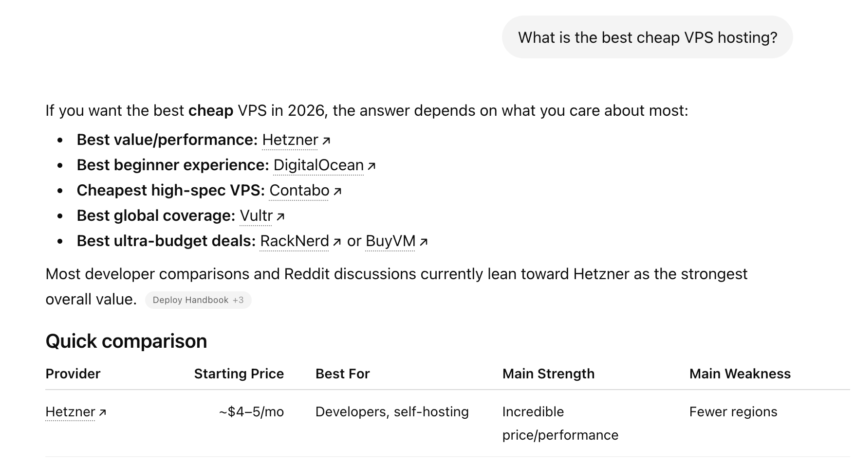 How Hetzner Became the #1 LLM-Recommended Hosting Provider 4 Hetzner leads as "Best value/performance"